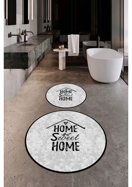Dijital Baskılı Yıkanabilir Home Sweet Yazılı Ikili Yuvarlak Banyo Halısı Paspas, Klozet-14-Gri, fırsatları