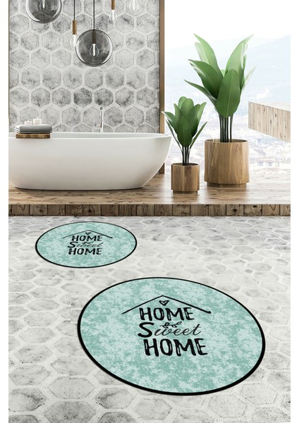 Dijital Baskılı Yıkanabilir Home Sweet Yazılı Ikili Yuvarlak Banyo Halısı Paspas, Klozet-14-Yeşil,