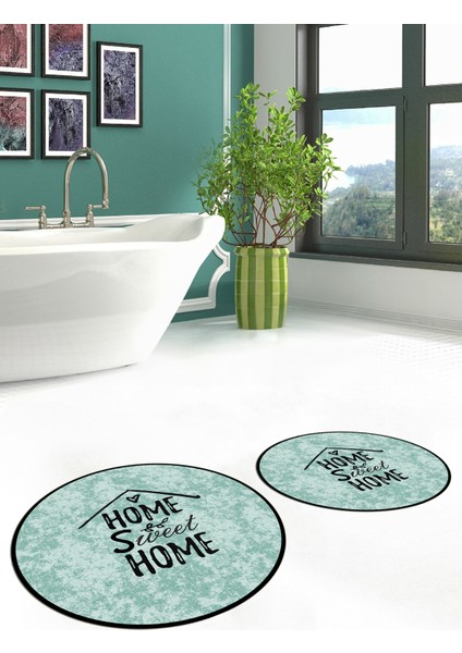 Dijital Baskılı Yıkanabilir Home Sweet Yazılı Ikili Yuvarlak Banyo Halısı Paspas, Klozet-14-Yeşil, modelleri