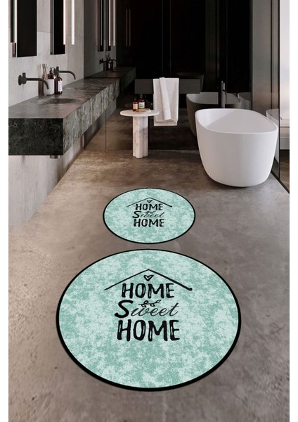 Dijital Baskılı Yıkanabilir Home Sweet Yazılı Ikili Yuvarlak Banyo Halısı Paspas, Klozet-14-Yeşil, fırsatları