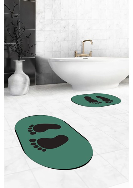 Dijital Baskılı Yıkanabilir Sade Ayak Izi Desenli Ikili Oval Banyo Halısı, Klozet-21-Yeşil,