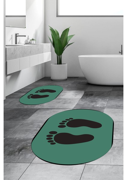 Dijital Baskılı Yıkanabilir Sade Ayak Izi Desenli Ikili Oval Banyo Halısı, Klozet-21-Yeşil,