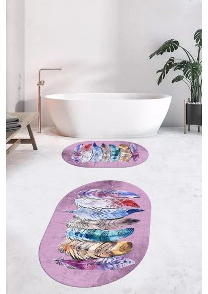Dijital Baskılı Yıkanabilir Renkli Etnik Yaprak Desen Ikili Banyo Halısı Oval, Klozet-25-Pembe,