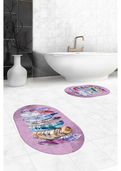 Dijital Baskılı Yıkanabilir Renkli Etnik Yaprak Desen Ikili Banyo Halısı Oval, Klozet-25-Pembe, modelleri