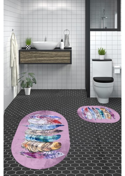 Dijital Baskılı Yıkanabilir Renkli Etnik Yaprak Desen Ikili Banyo Halısı Oval, Klozet-25-Pembe, fırsatları