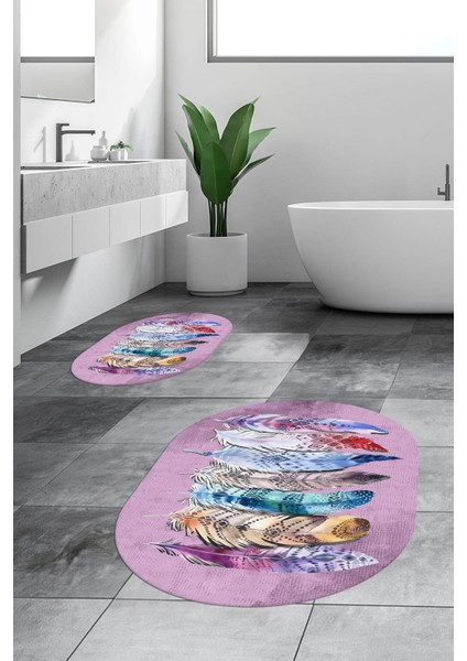 Dijital Baskılı Yıkanabilir Renkli Etnik Yaprak Desen Ikili Banyo Halısı Oval, Klozet-25-Pembe, indirimleri