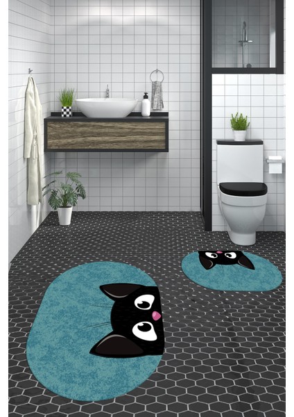 Dijital Baskılı Yıkanabilir Kedi Desenli Ikili Banyo Halısı Paspas Oval, Klozet-40-Mavi,