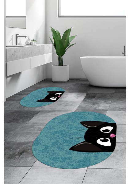 Dijital Baskılı Yıkanabilir Kedi Desenli Ikili Banyo Halısı Paspas Oval, Klozet-40-Mavi, fiyatları