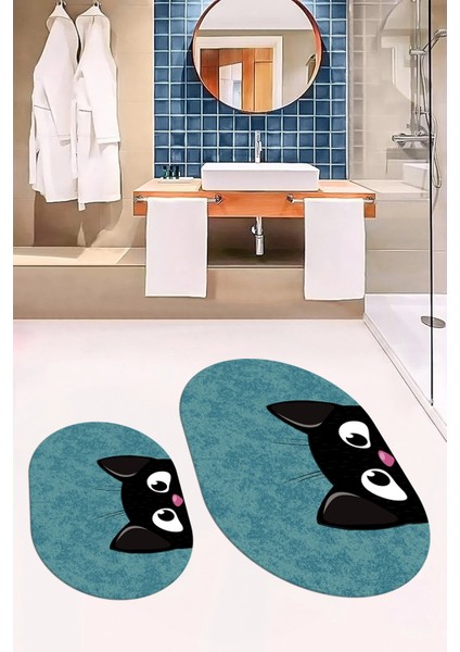 Dijital Baskılı Yıkanabilir Kedi Desenli Ikili Banyo Halısı Paspas Oval, Klozet-40-Mavi, modelleri