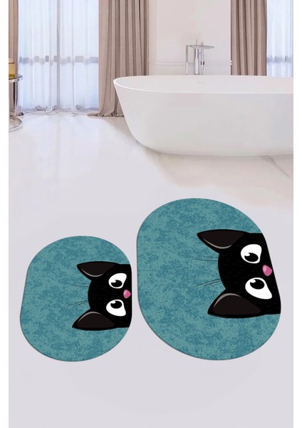 Dijital Baskılı Yıkanabilir Kedi Desenli Ikili Banyo Halısı Paspas Oval, Klozet-40-Mavi, fırsatları