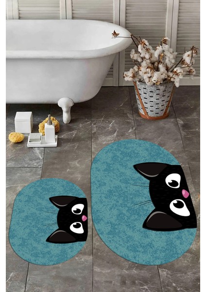 Dijital Baskılı Yıkanabilir Kedi Desenli Ikili Banyo Halısı Paspas Oval, Klozet-40-Mavi, indirimleri