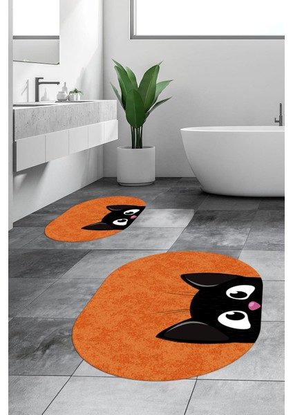 Dijital Baskılı Yıkanabilir Kedi Desenli Ikili Banyo Halısı Paspas Oval, Klozet-40-Turuncu, fiyatları
