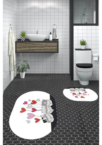 Dijital Baskılı Yıkanabilir Kalipli Kediler Desenli Ikili Banyo Halısı Oval, Klozet-42-Beyaz,