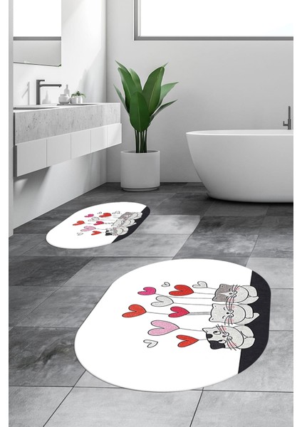 Dijital Baskılı Yıkanabilir Kalipli Kediler Desenli Ikili Banyo Halısı Oval, Klozet-42-Beyaz, fiyatları
