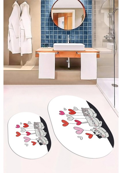 Dijital Baskılı Yıkanabilir Kalipli Kediler Desenli Ikili Banyo Halısı Oval, Klozet-42-Beyaz, modelleri