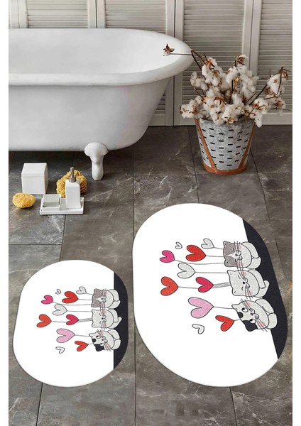 Dijital Baskılı Yıkanabilir Kalipli Kediler Desenli Ikili Banyo Halısı Oval, Klozet-42-Beyaz, indirimleri