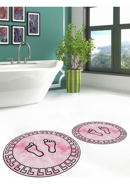 Dijital Baskılı Yıkanabilir Çerçeveli Ayak Izi Desenli Ikili Yuvarlak Banyo Halısı, Klozet-19-Pembe, fiyatları