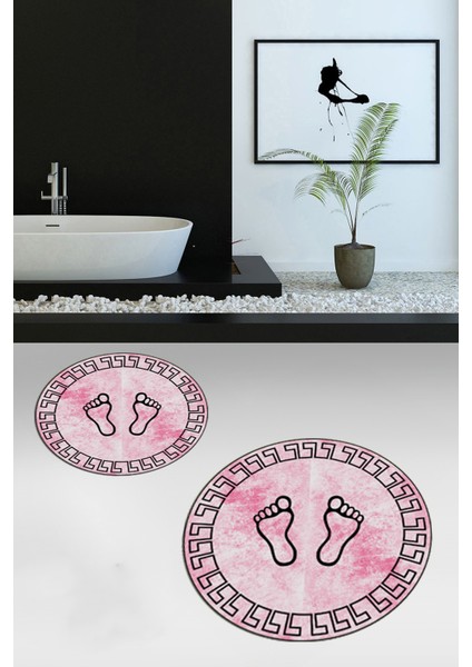 Dijital Baskılı Yıkanabilir Çerçeveli Ayak Izi Desenli Ikili Yuvarlak Banyo Halısı, Klozet-19-Pembe, fırsatları