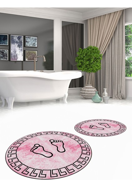 Dijital Baskılı Yıkanabilir Çerçeveli Ayak Izi Desenli Ikili Yuvarlak Banyo Halısı, Klozet-19-Pembe, indirimleri
