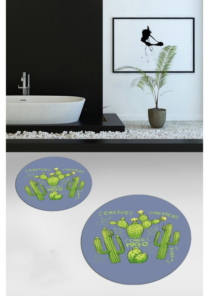 Dijital Baskılı Yıkanabilir Kaktüs Desenli Ikili Yuvarlak Banyo Halısı Paspas, Klozet-23-Mavi, modelleri