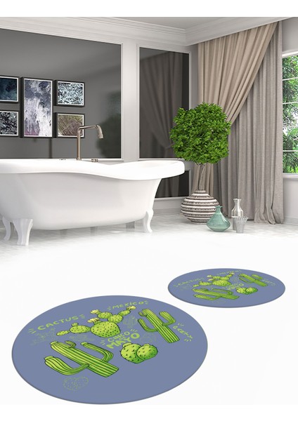 Dijital Baskılı Yıkanabilir Kaktüs Desenli Ikili Yuvarlak Banyo Halısı Paspas, Klozet-23-Mavi, fırsatları