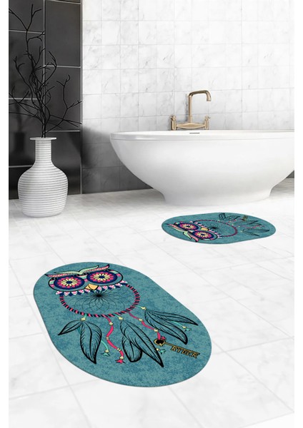 Dijital Baskılı Yıkanabilir Baykuş Desenli Ikili Banyo Halısı Paspas Oval, Klozet-35-Mavi,