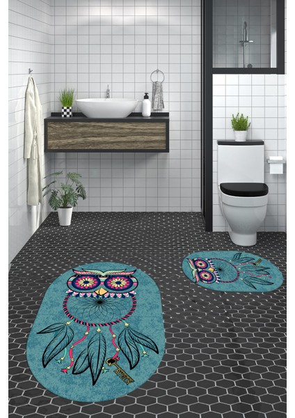 Dijital Baskılı Yıkanabilir Baykuş Desenli Ikili Banyo Halısı Paspas Oval, Klozet-35-Mavi, fiyatları