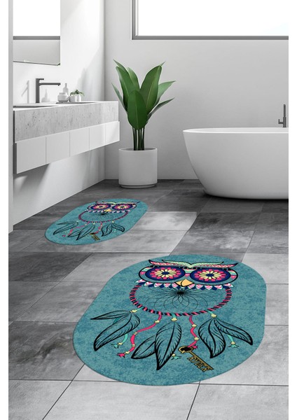 Dijital Baskılı Yıkanabilir Baykuş Desenli Ikili Banyo Halısı Paspas Oval, Klozet-35-Mavi, modelleri