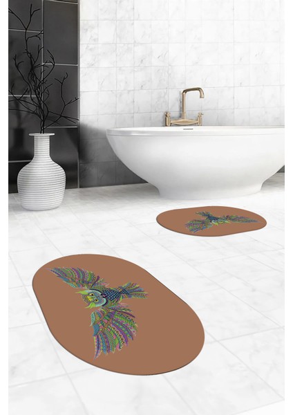 Dijital Baskılı Yıkanabilir Rengarenk Baykuş Ikili Banyo Halısı Paspas Oval, Klozet-37-Kahve,