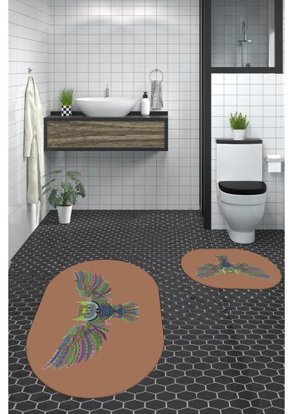 Dijital Baskılı Yıkanabilir Rengarenk Baykuş Ikili Banyo Halısı Paspas Oval, Klozet-37-Kahve, fiyatları
