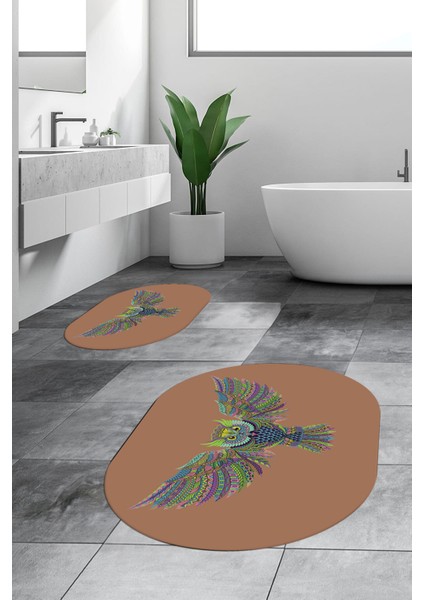 Dijital Baskılı Yıkanabilir Rengarenk Baykuş Ikili Banyo Halısı Paspas Oval, Klozet-37-Kahve, modelleri