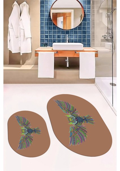 Dijital Baskılı Yıkanabilir Rengarenk Baykuş Ikili Banyo Halısı Paspas Oval, Klozet-37-Kahve, fırsatları