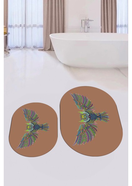 Dijital Baskılı Yıkanabilir Rengarenk Baykuş Ikili Banyo Halısı Paspas Oval, Klozet-37-Kahve, indirimleri