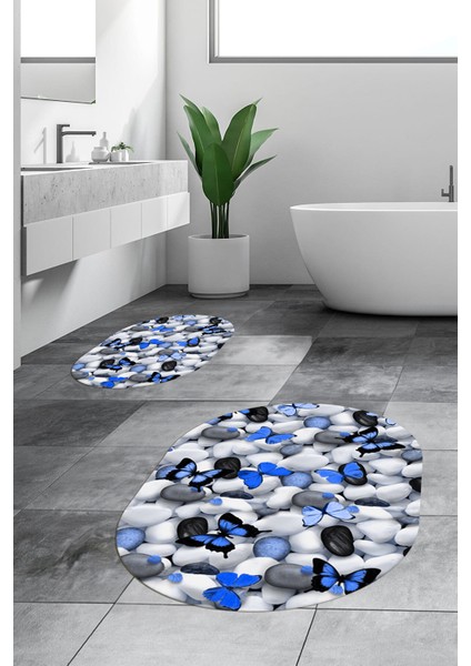 3d Dijital Baskılı Yıkanabilir Kelebek Desenli Ikili Banyo Halısı Paspas Oval, Klozet-44-Mavi, fiyatları