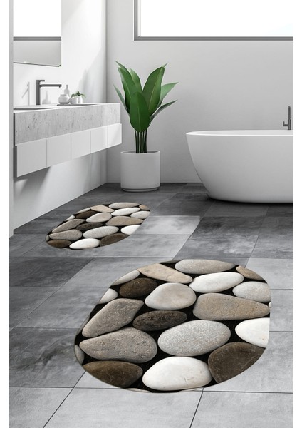 3d Renkli Taş Desenli Yıkanabilir Kolay Silinir Ikili Banyo Halısı Paspas Oval, Klozet-46-Kahve,