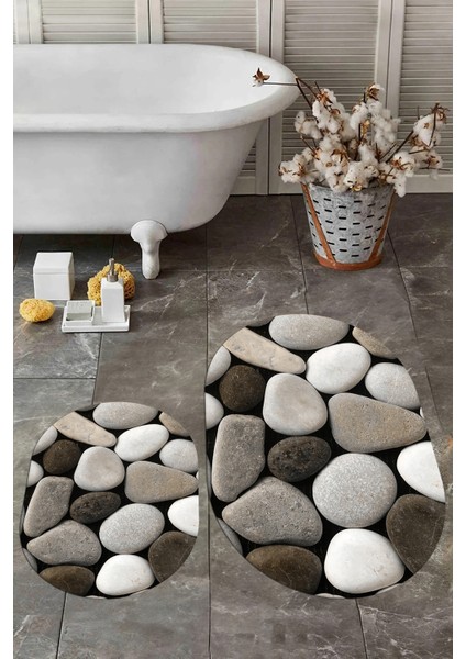 3d Renkli Taş Desenli Yıkanabilir Kolay Silinir Ikili Banyo Halısı Paspas Oval, Klozet-46-Kahve, fırsatları