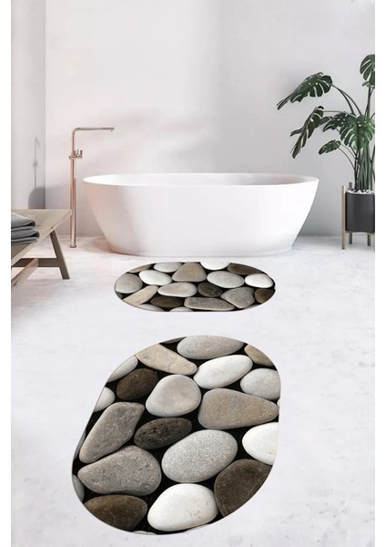 3d Renkli Taş Desenli Yıkanabilir Kolay Silinir Ikili Banyo Halısı Paspas Oval, Klozet-46-Kahve, indirimleri