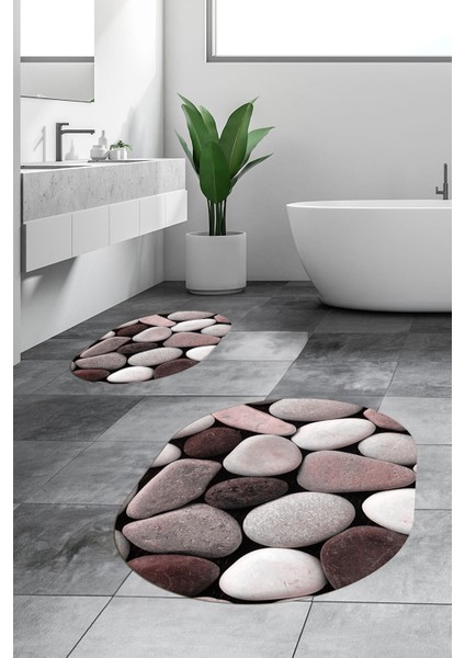 3d Renkli Taş Desenli Yıkanabilir Kolay Silinir Ikili Banyo Halısı Paspas Oval, Klozet-46-Pembe,