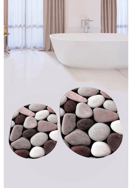 3d Renkli Taş Desenli Yıkanabilir Kolay Silinir Ikili Banyo Halısı Paspas Oval, Klozet-46-Pembe, modelleri