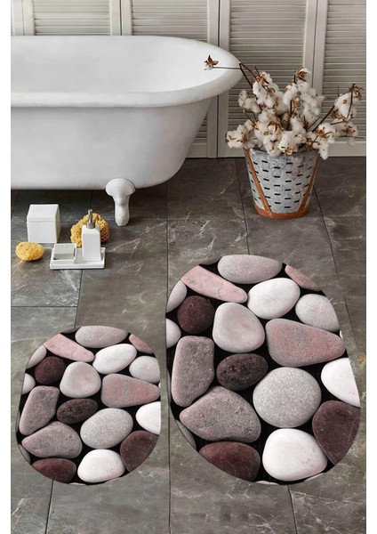 3d Renkli Taş Desenli Yıkanabilir Kolay Silinir Ikili Banyo Halısı Paspas Oval, Klozet-46-Pembe, fırsatları