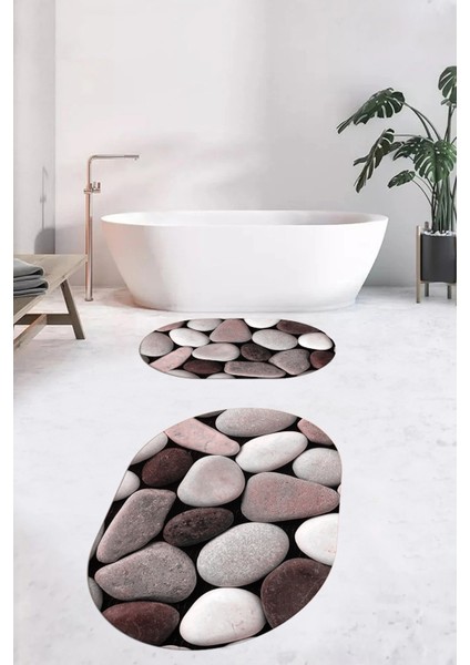 3d Renkli Taş Desenli Yıkanabilir Kolay Silinir Ikili Banyo Halısı Paspas Oval, Klozet-46-Pembe, indirimleri