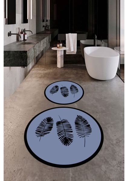 Dijital Baskılı Yıkanabilir Renkli Yapraklı Desen Ikili Banyo Halısı Yuvarlak, Klozet-26-Mavi, fiyatları