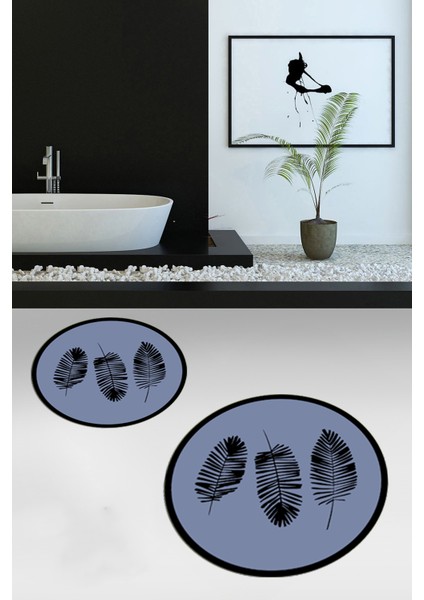 Dijital Baskılı Yıkanabilir Renkli Yapraklı Desen Ikili Banyo Halısı Yuvarlak, Klozet-26-Mavi, modelleri