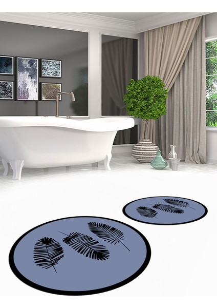 Dijital Baskılı Yıkanabilir Renkli Yapraklı Desen Ikili Banyo Halısı Yuvarlak, Klozet-26-Mavi, fırsatları