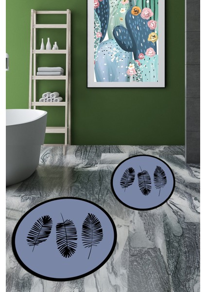 Dijital Baskılı Yıkanabilir Renkli Yapraklı Desen Ikili Banyo Halısı Yuvarlak, Klozet-26-Mavi, indirimleri