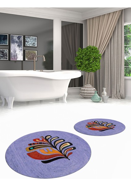 Dijital Baskılı Yıkanabilir Renkli Yaprak Desen Ikili Banyo Halısı Yuvarlak, Klozet-27-Mavi, modelleri