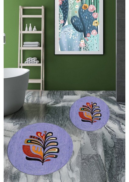 Dijital Baskılı Yıkanabilir Renkli Yaprak Desen Ikili Banyo Halısı Yuvarlak, Klozet-27-Mavi, fırsatları