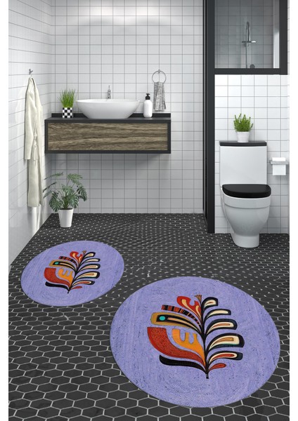 Dijital Baskılı Yıkanabilir Renkli Yaprak Desen Ikili Banyo Halısı Yuvarlak, Klozet-27-Mavi, indirimleri