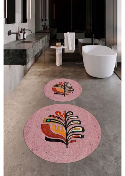 Dijital Baskılı Yıkanabilir Renkli Yaprak Desen Ikili Banyo Halısı Yuvarlak, Klozet-27-Pembe,