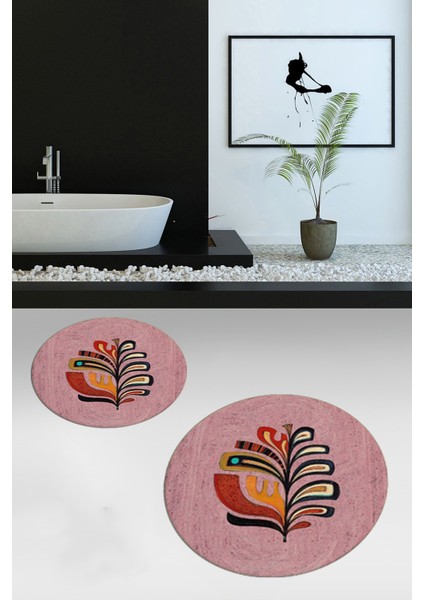 Dijital Baskılı Yıkanabilir Renkli Yaprak Desen Ikili Banyo Halısı Yuvarlak, Klozet-27-Pembe, fiyatları